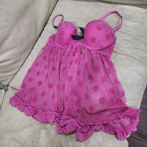 Y2K True Desire Bright Pink Mesh Sequin Polka Dot Open Front Babydoll Size S